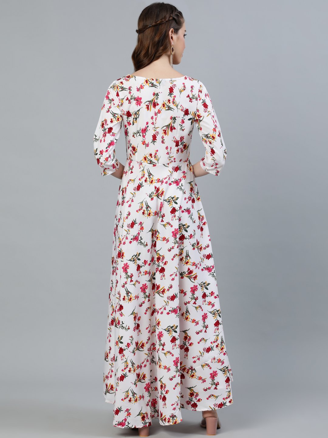 Women Off-White Floral Printed Maxi Dress With Three Quarter Sleeves | NOZ2TOZ - Made In INDIA.