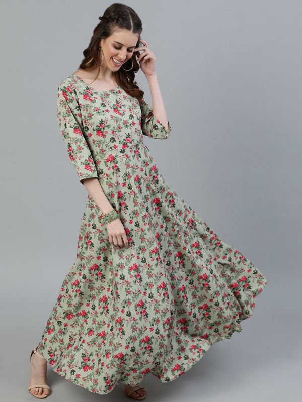 Women Green Floral Printed Maxi Dress With Three Quarter Sleeves | NOZ2TOZ - Made In INDIA.