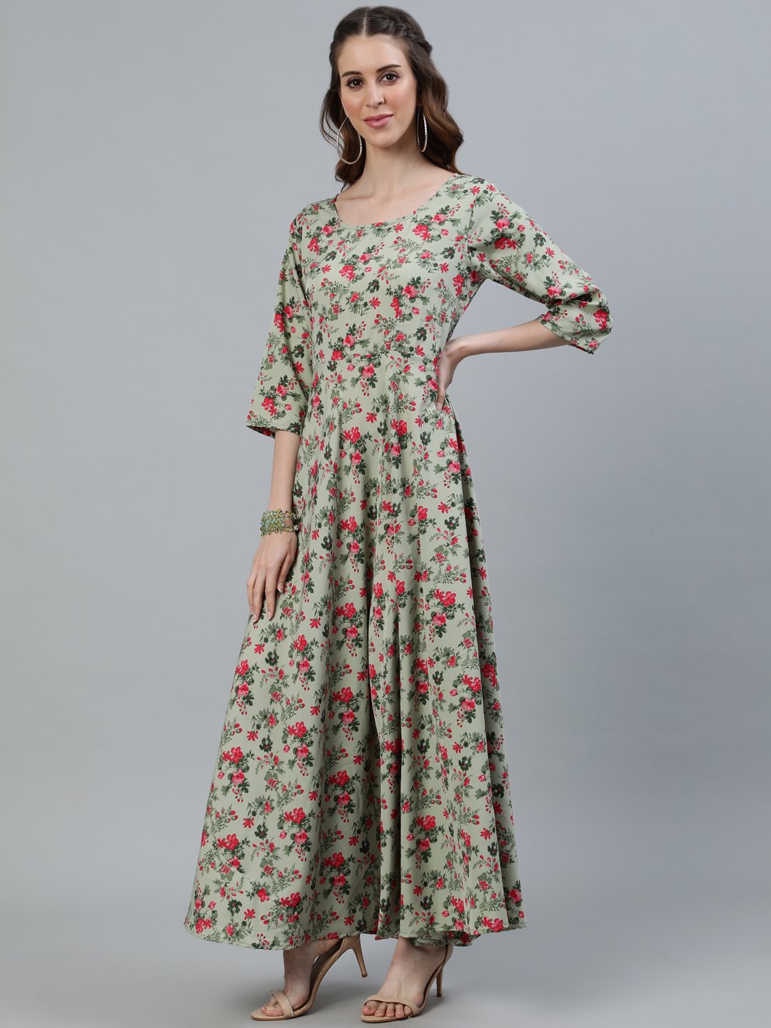 Women Green Floral Printed Maxi Dress With Three Quarter Sleeves | NOZ2TOZ - Made In INDIA.