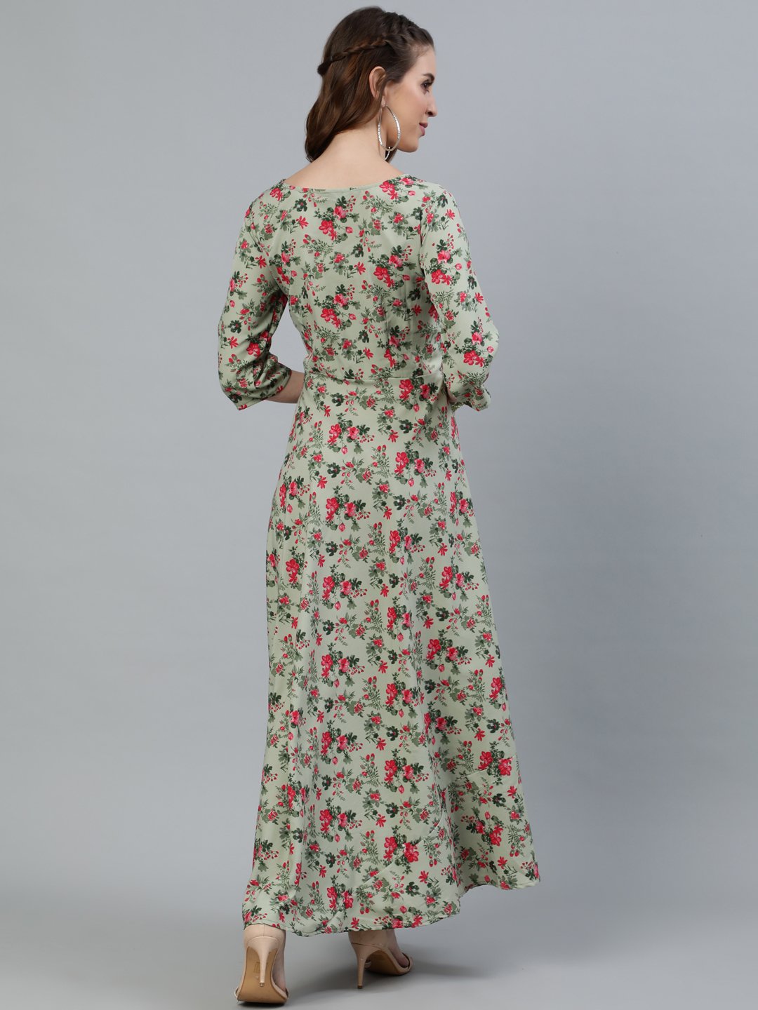 Women Green Floral Printed Maxi Dress With Three Quarter Sleeves | NOZ2TOZ - Made In INDIA.