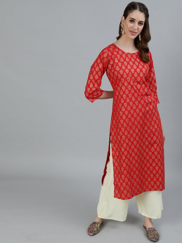 Women Red Printed Straight Kurta With Three Quarter Sleeves | NOZ2TOZ - Made In INDIA.