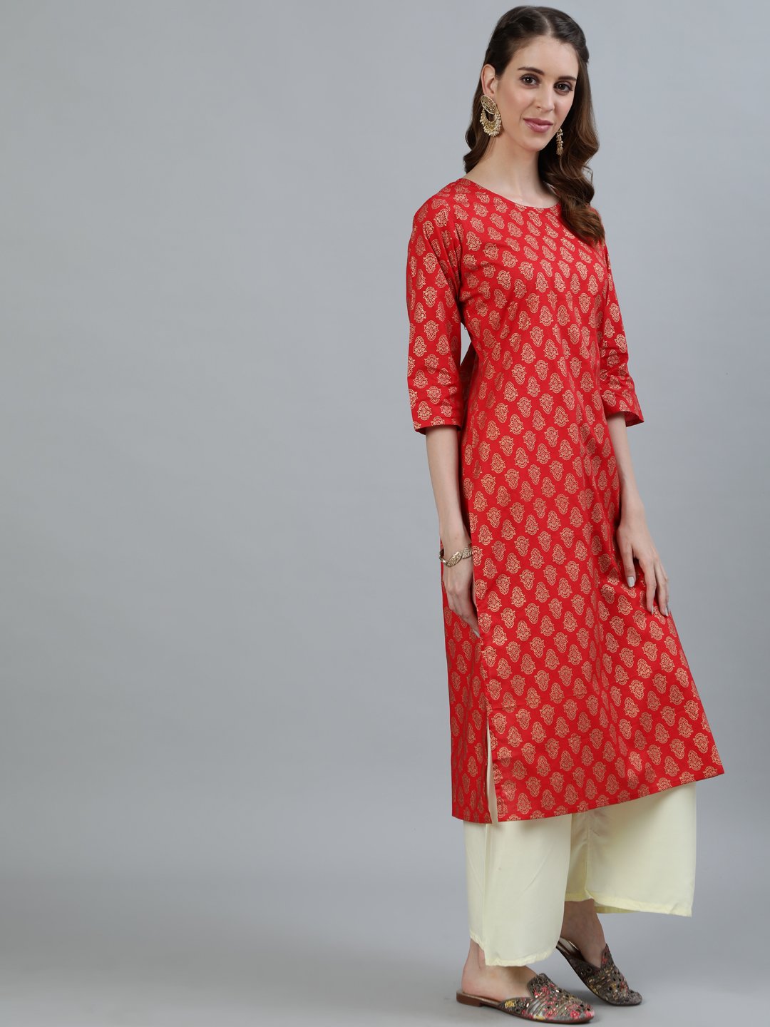 Women Red Printed Straight Kurta With Three Quarter Sleeves | NOZ2TOZ - Made In INDIA.