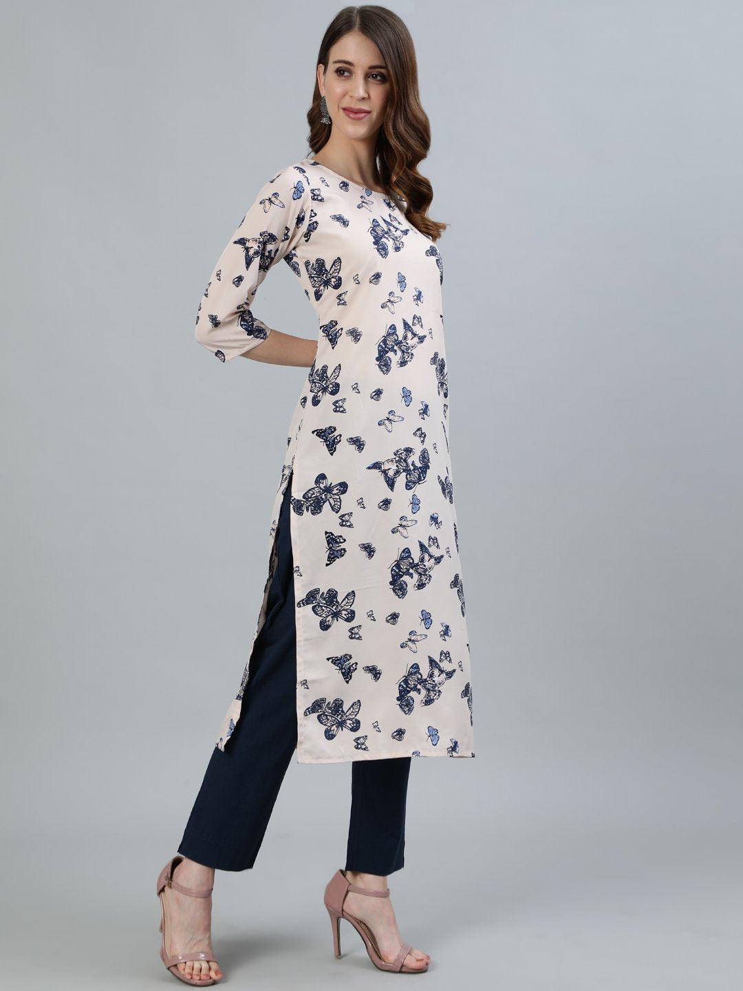 Women Peach Printed Straight Kurta With Three Quarter Sleeves | NOZ2TOZ - Made In INDIA.