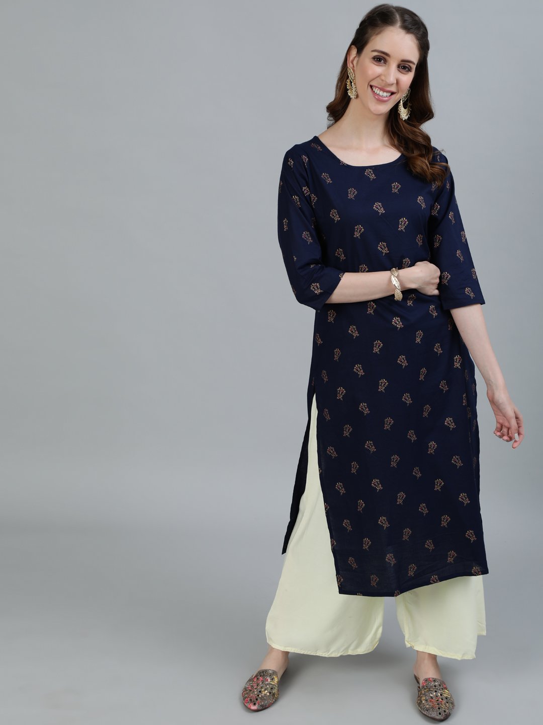 Women Navy Blue Printed Straight Kurta With Three Quarter Sleeves | NOZ2TOZ - Made In INDIA.