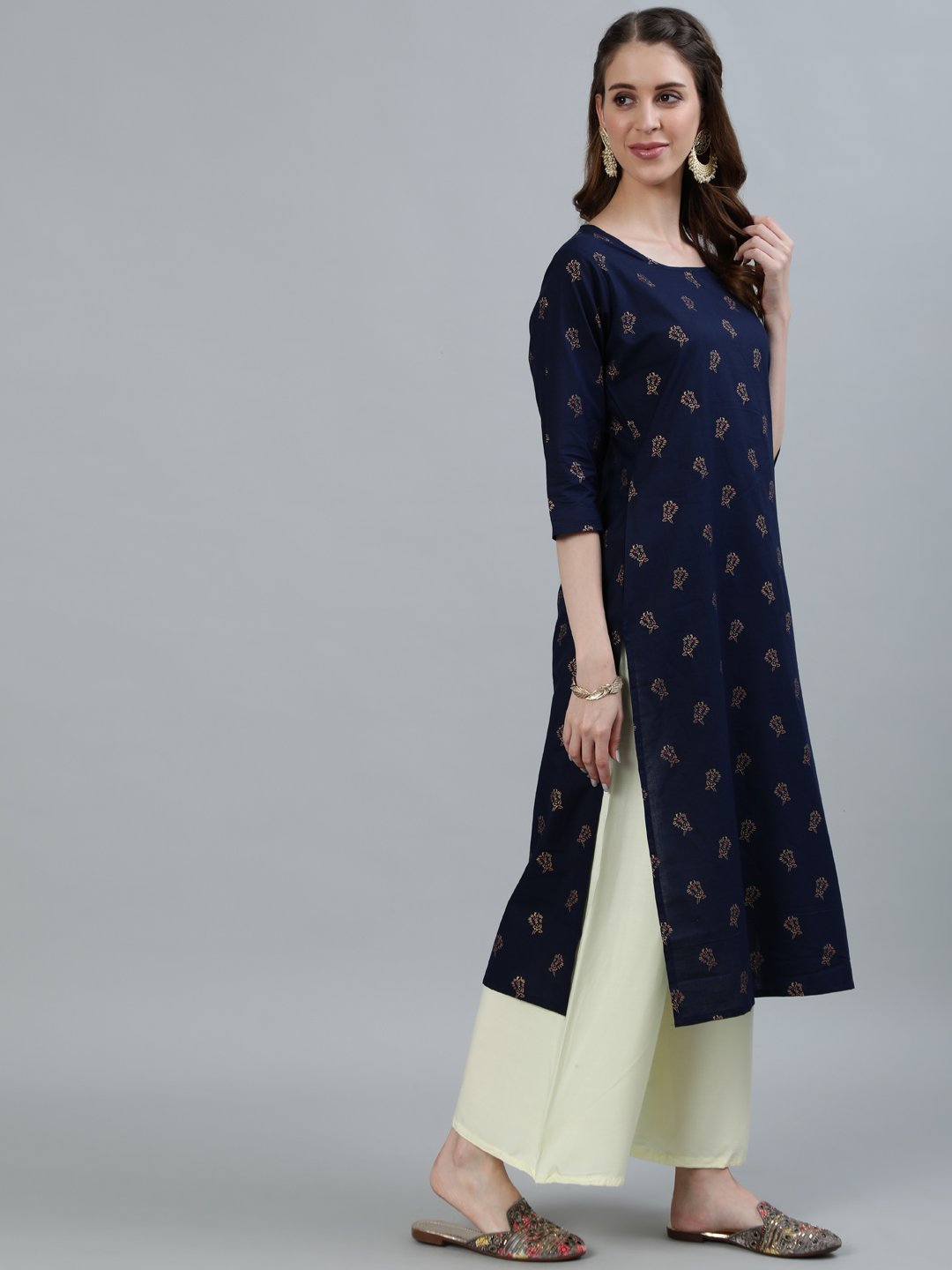 Women Navy Blue Printed Straight Kurta With Three Quarter Sleeves | NOZ2TOZ - Made In INDIA.