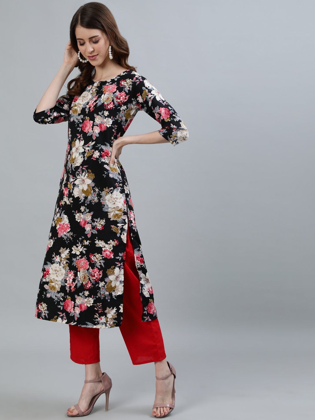 Women Black Floral Printed Straight Kurta With Three Quarter Sleeves | NOZ2TOZ - Made In INDIA.