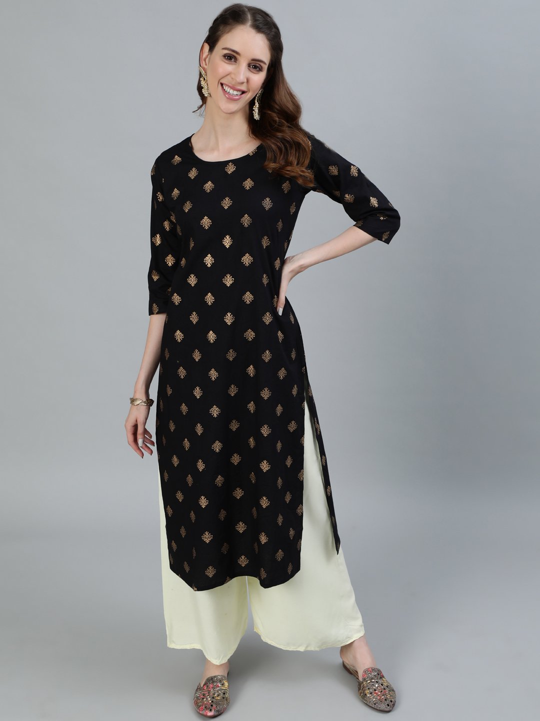 Women Black Printed Straight Kurta With Three Quarter Sleeves | NOZ2TOZ - Made In INDIA.