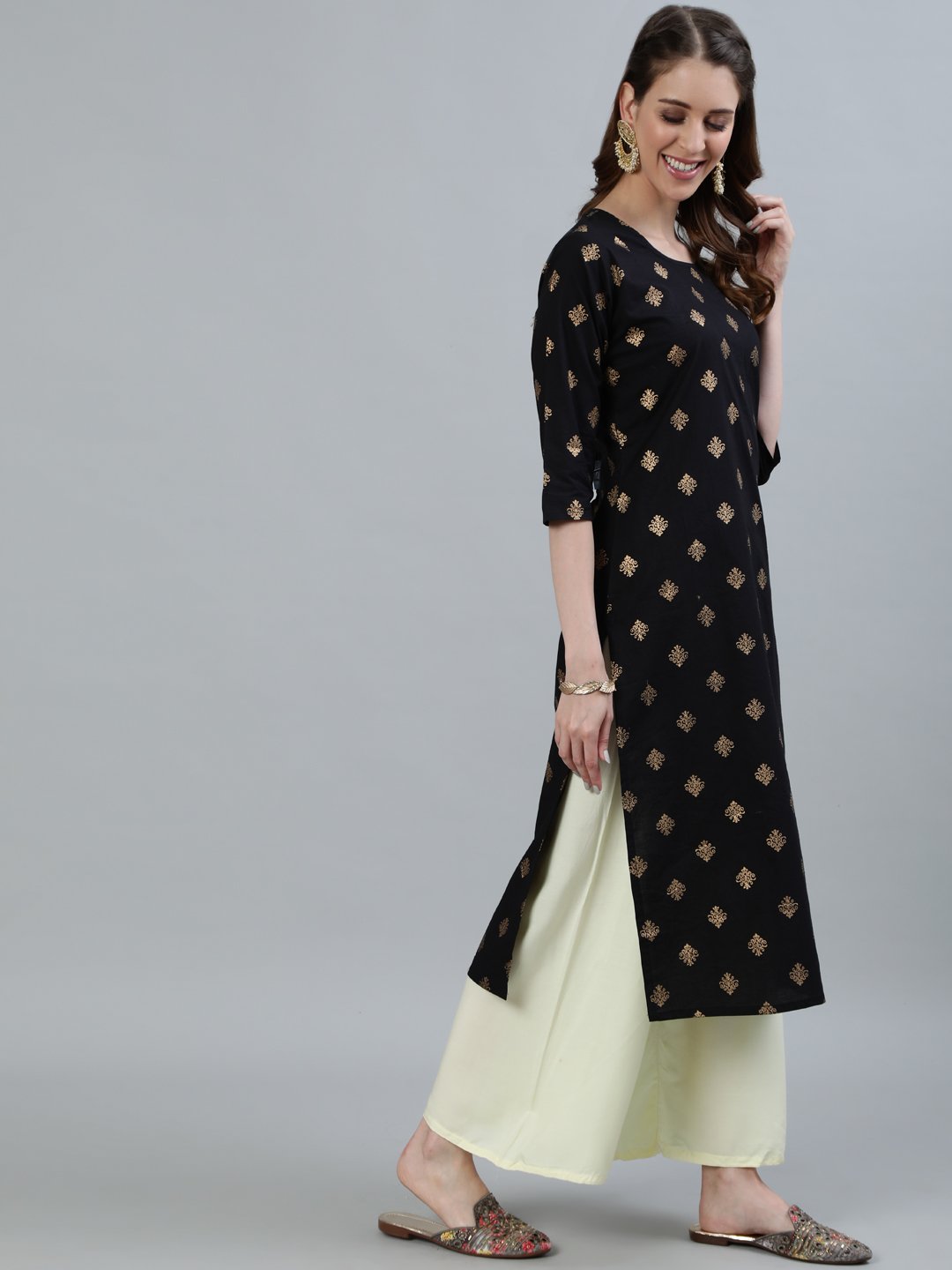 Women Black Printed Straight Kurta With Three Quarter Sleeves | NOZ2TOZ - Made In INDIA.