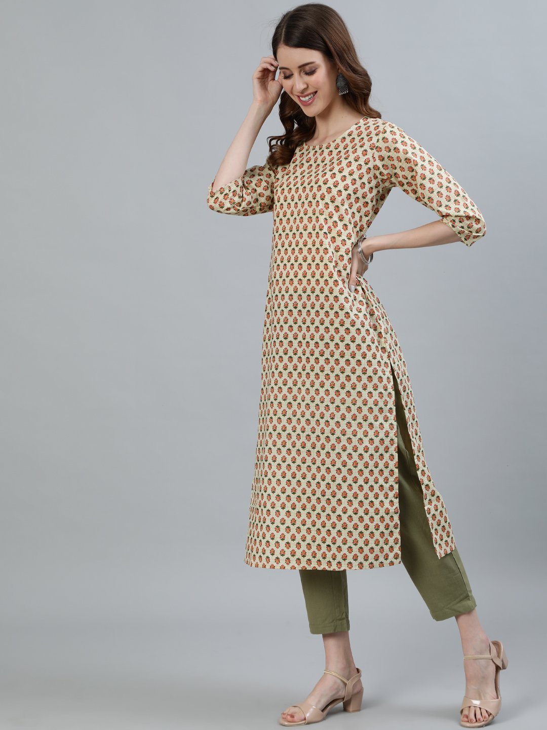 Women Beige Printed Straight Kurta With Three Quarter Sleeves | NOZ2TOZ - Made In INDIA.