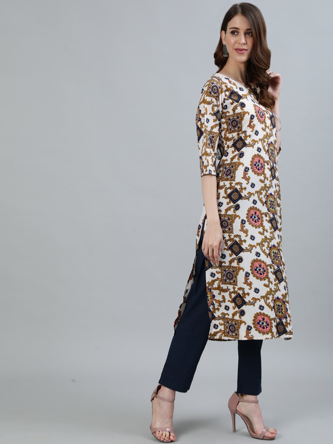 Women Off - White Printed Straight Kurta With Three Quarter Sleeves | NOZ2TOZ - Made In INDIA.