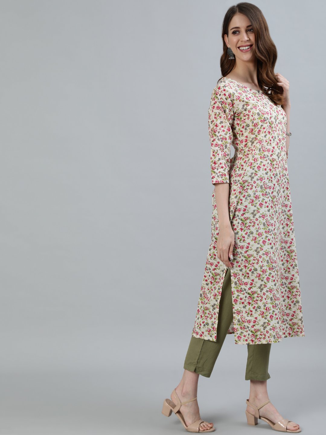 Women Cream Floral Printed Straight Kurta With Three Quarter Sleeves | NOZ2TOZ - Made In INDIA.