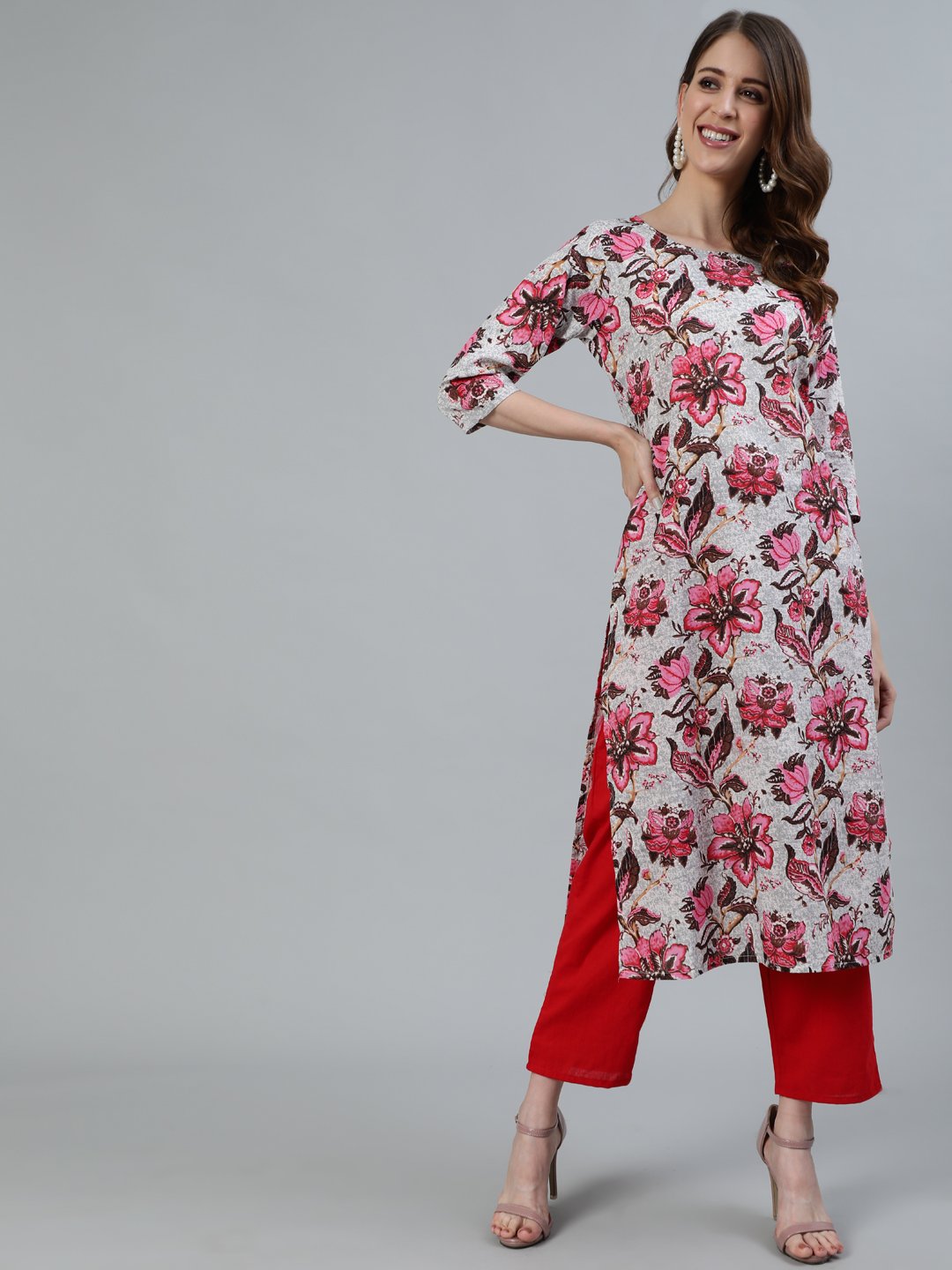 Women Off- White Floral Printed Straight Kurta With Three Quarter Sleeves | NOZ2TOZ - Made In INDIA.