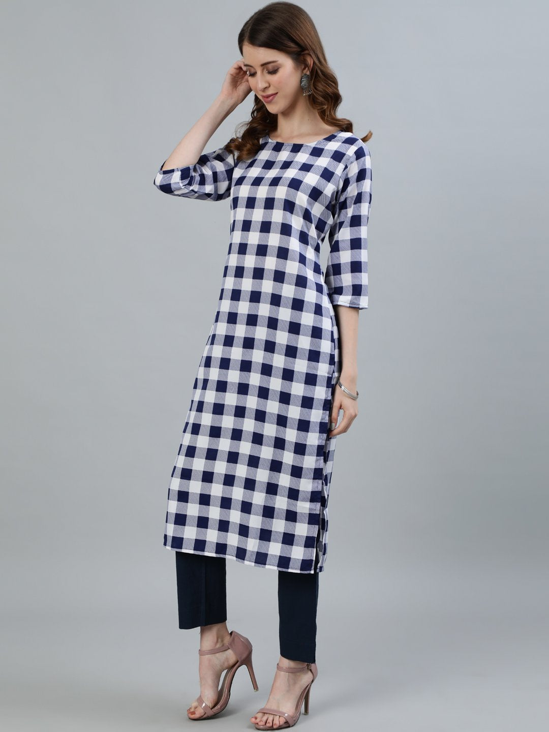 Women Navy blue Checked Printed Straight Kurta With Three Quarter Sleeves | NOZ2TOZ - Made In INDIA.