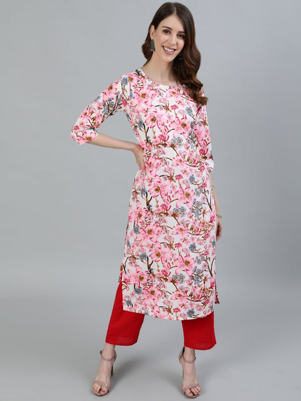 Women Pink Floral Printed Straight Kurta With Three Quarter Sleeves | NOZ2TOZ - Made In INDIA.