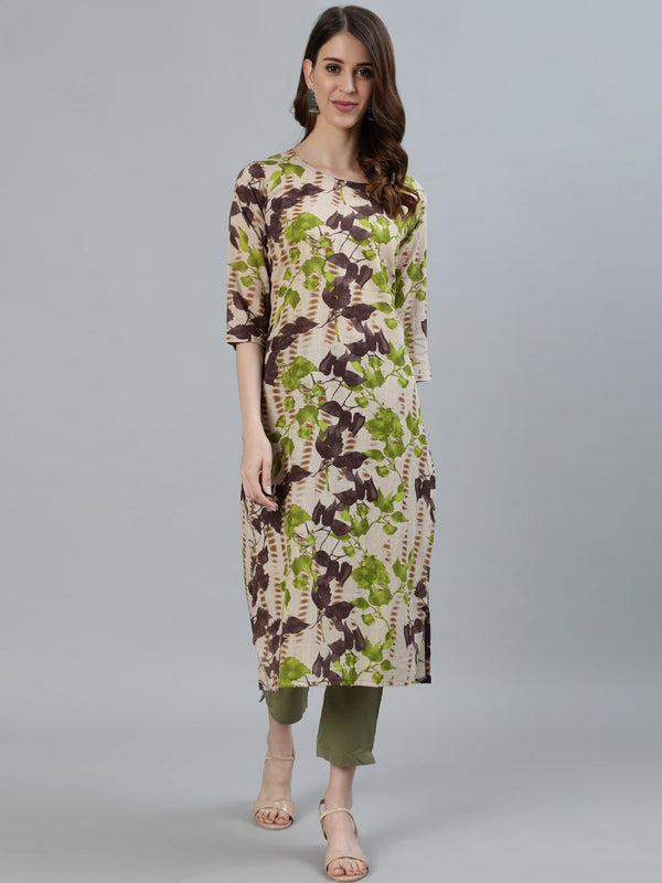 Women Beige Floral Printed Straight Kurta With Three Quarter Sleeves | NOZ2TOZ - Made In INDIA.