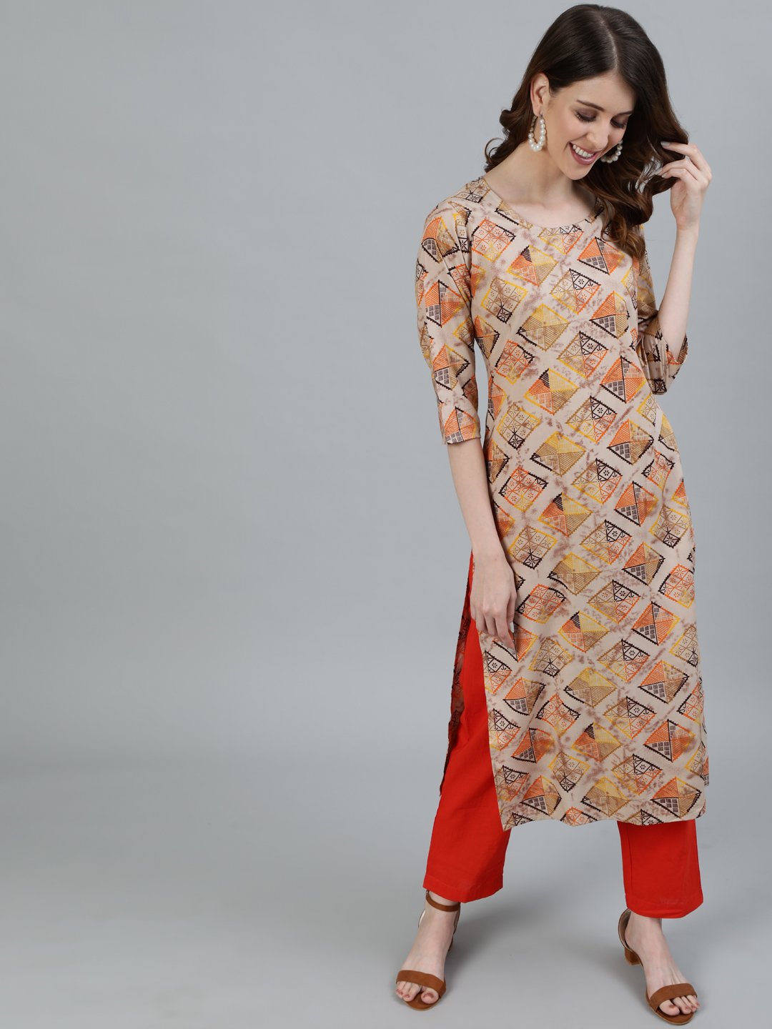 Women Beige Printed Straight Kurta With Three Quarter Sleeves | NOZ2TOZ - Made In INDIA.