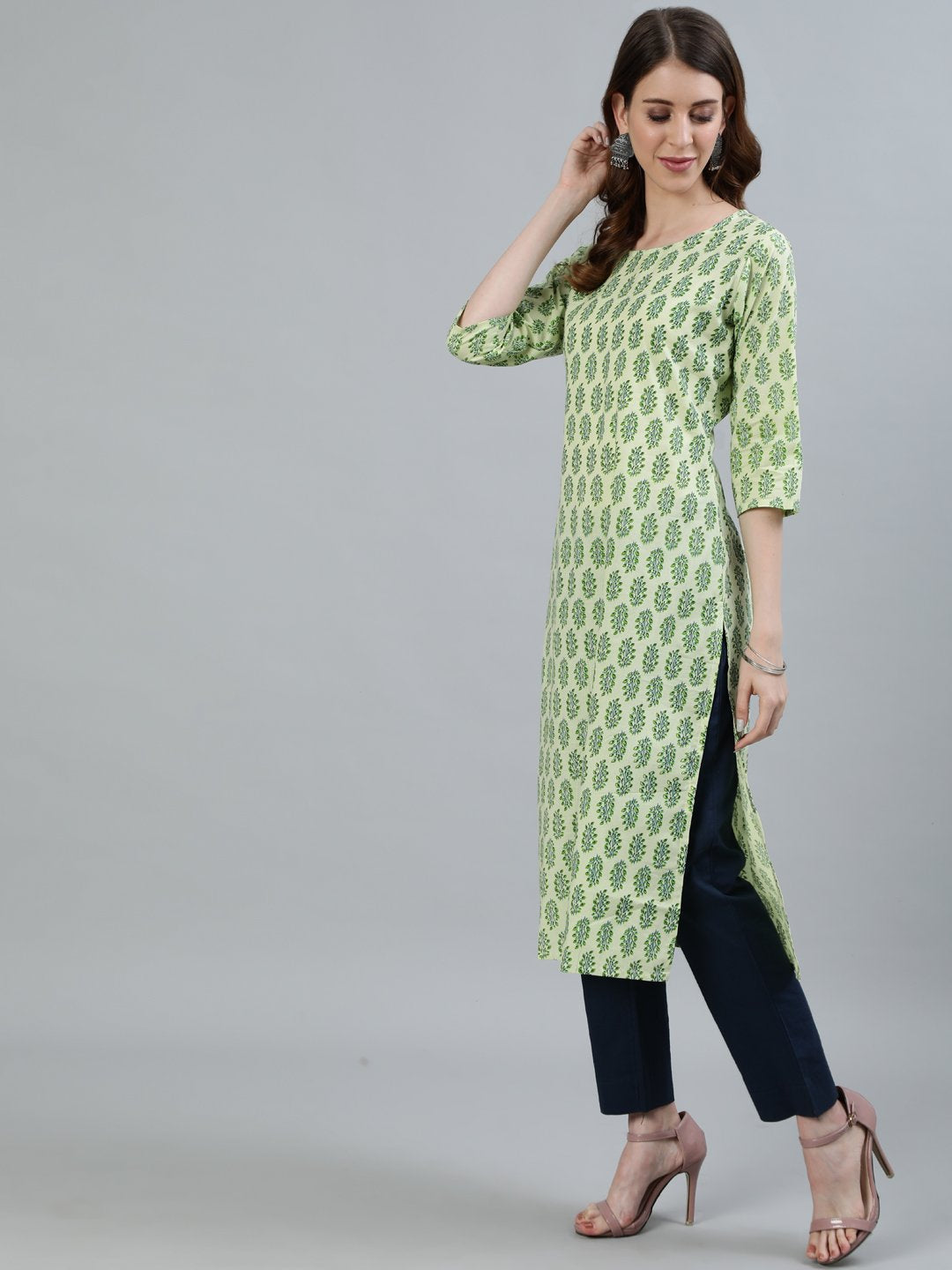 Women Green Printed Straight Kurta With Three Quarter Sleeves | NOZ2TOZ - Made In INDIA.