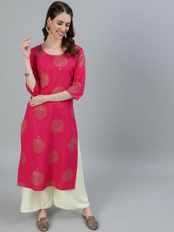 Women Pink Printed Straight Kurta With Three Quarter Sleeves | NOZ2TOZ - Made In INDIA.