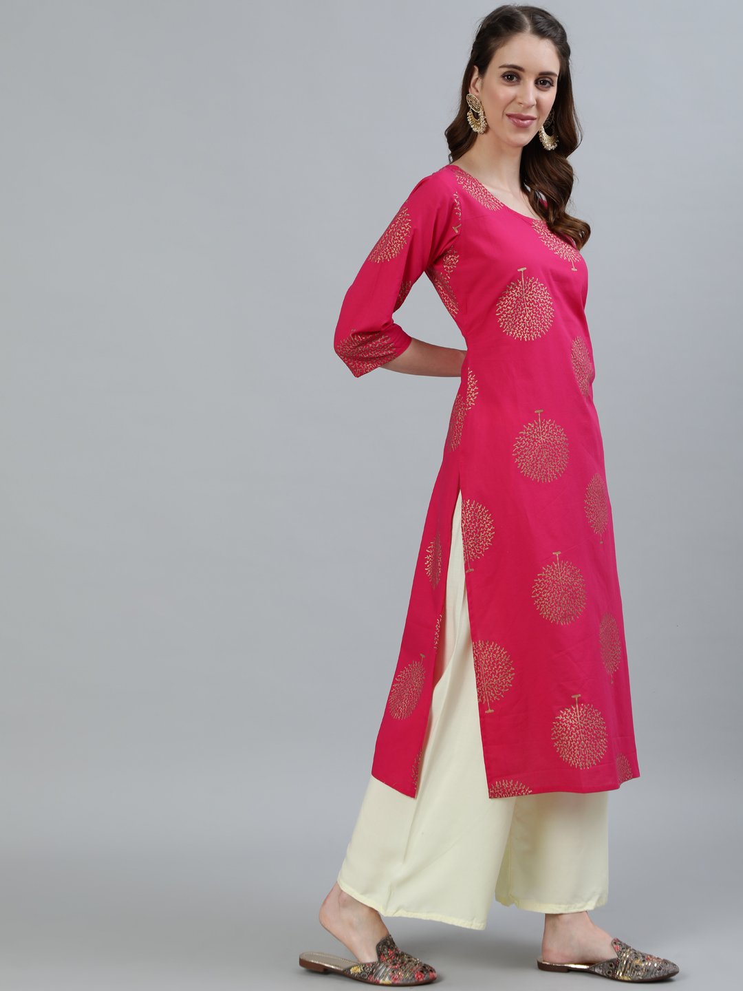 Women Pink Printed Straight Kurta With Three Quarter Sleeves | NOZ2TOZ - Made In INDIA.