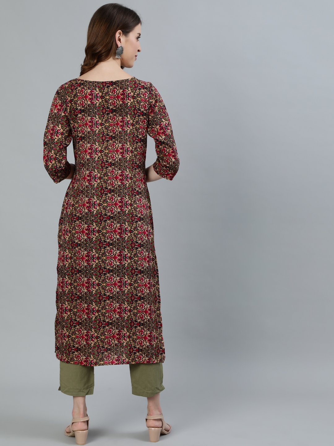 Women Olive Green Printed Straight Kurta With Three Quarter Sleeves | NOZ2TOZ - Made In INDIA.