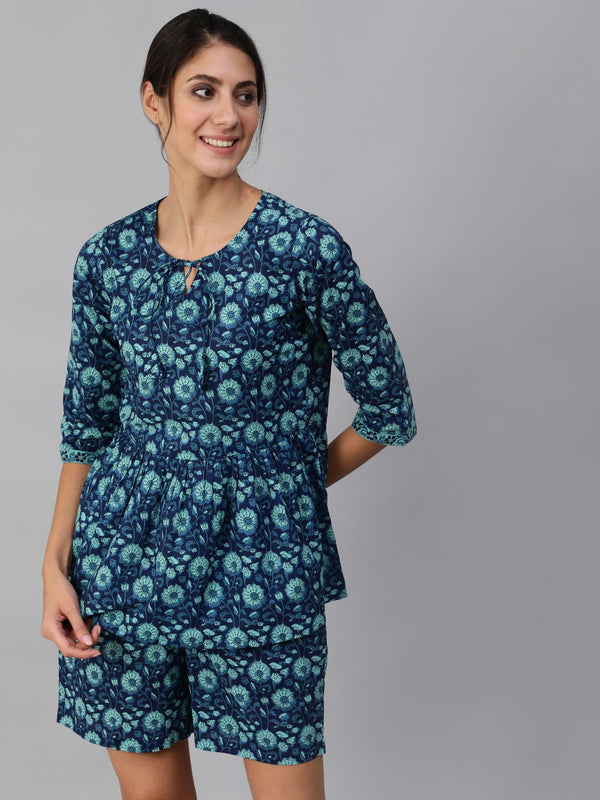 Women Blue Floral Printed Night Suit | NOZ2TOZ - Made In INDIA.