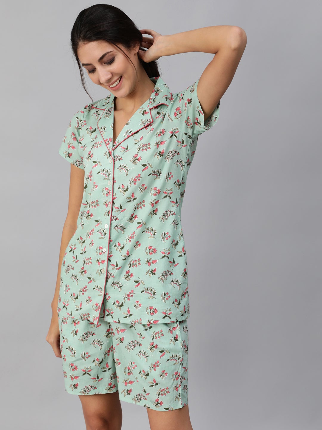 Women Green Floral Printed Night Suit | NOZ2TOZ - Made In INDIA.