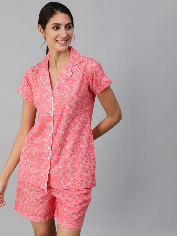 Women Pink ZIg-Zac Printed Night Suit | NOZ2TOZ - Made In INDIA.