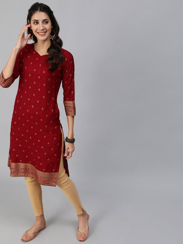 Women Maroon & Gold Printed Straight Kurta With Three Quarter sleeves | NOZ2TOZ - Made In INDIA.