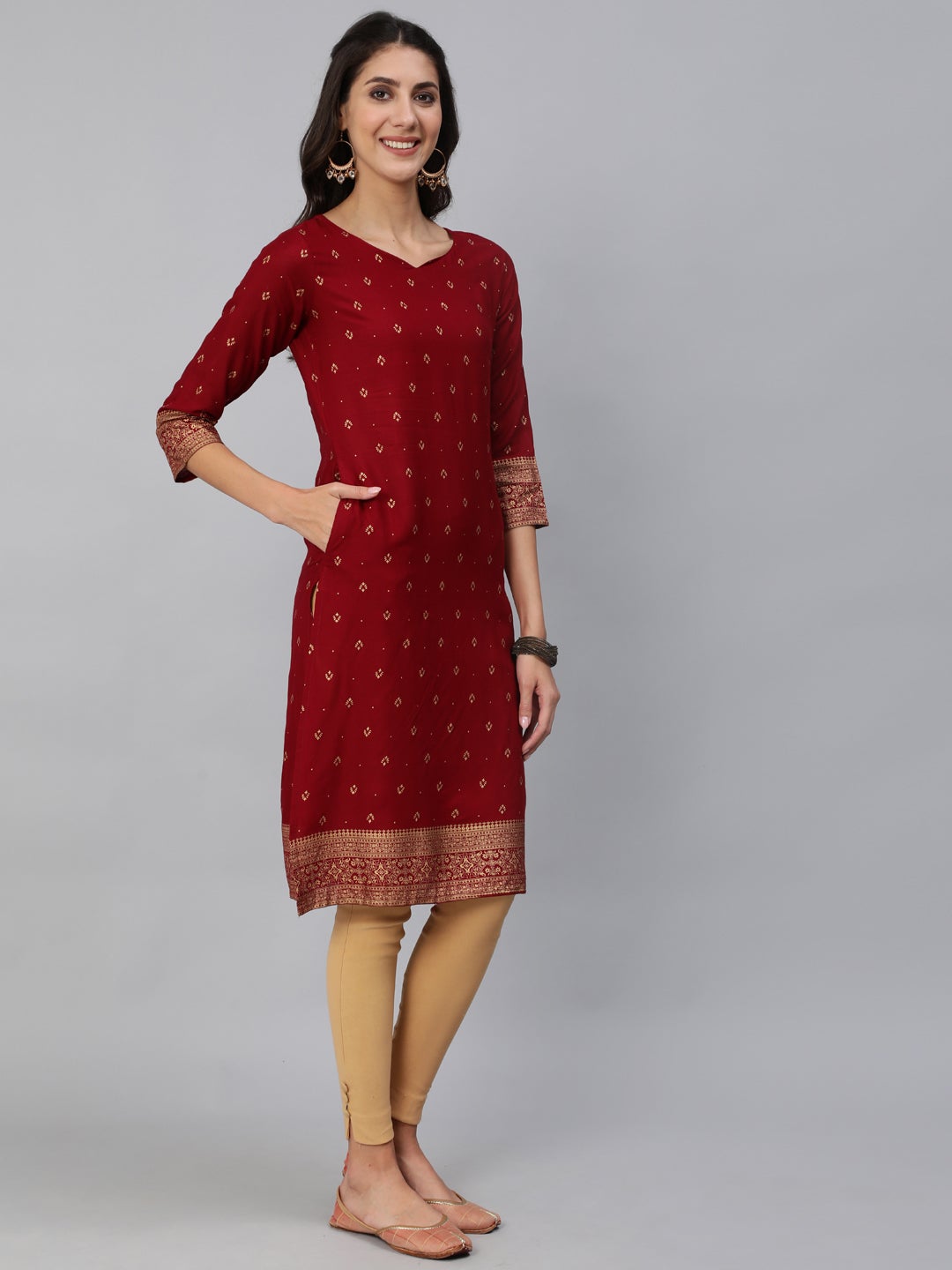 Women Maroon & Gold Printed Straight Kurta With Three Quarter sleeves | NOZ2TOZ - Made In INDIA.