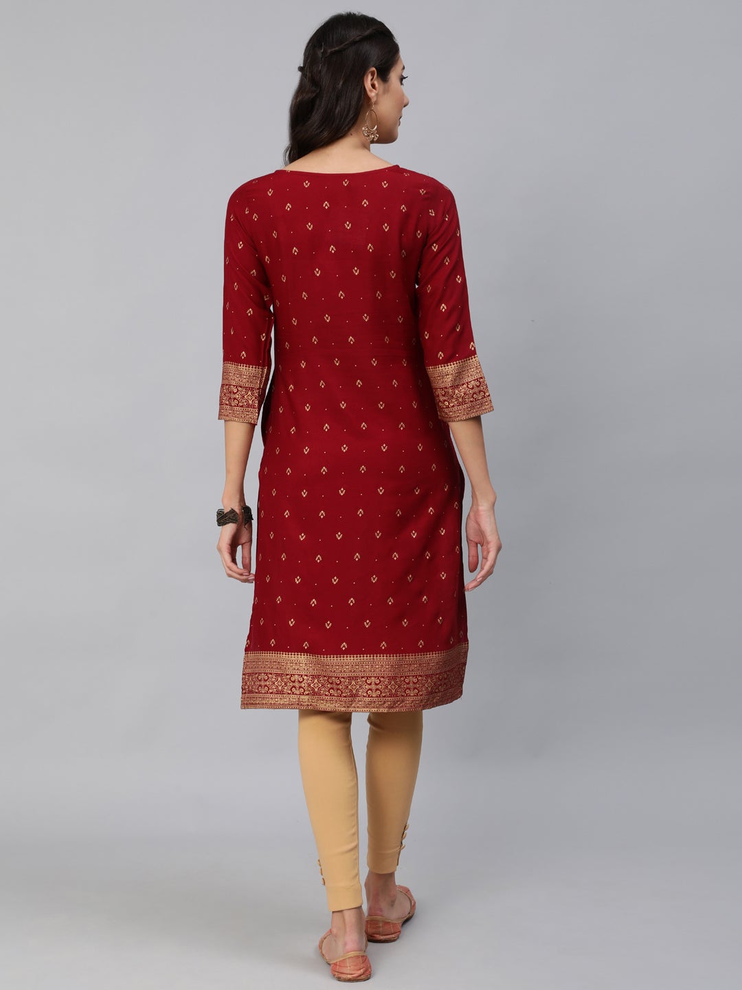 Women Maroon & Gold Printed Straight Kurta With Three Quarter sleeves | NOZ2TOZ - Made In INDIA.