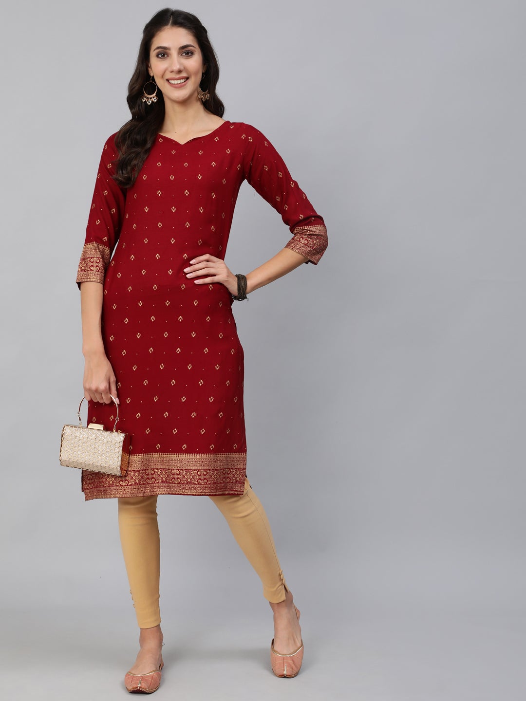 Women Maroon & Gold Printed Straight Kurta With Three Quarter sleeves | NOZ2TOZ - Made In INDIA.