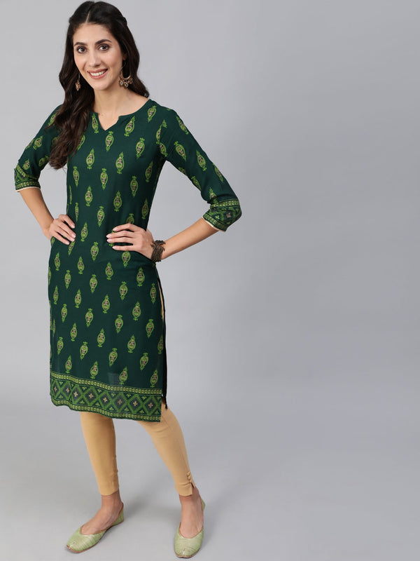 Women Green & Gold Printed Straight Kurta With Three Quarter sleeves | NOZ2TOZ - Made In INDIA.