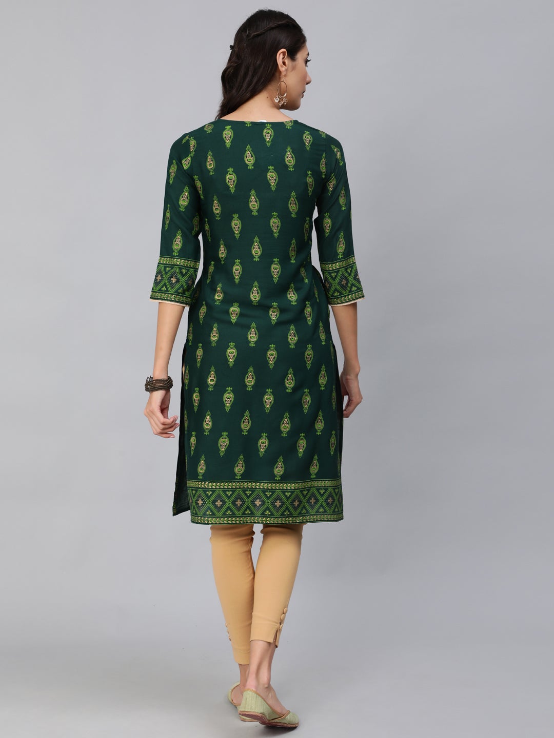 Women Green & Gold Printed Straight Kurta With Three Quarter sleeves | NOZ2TOZ - Made In INDIA.