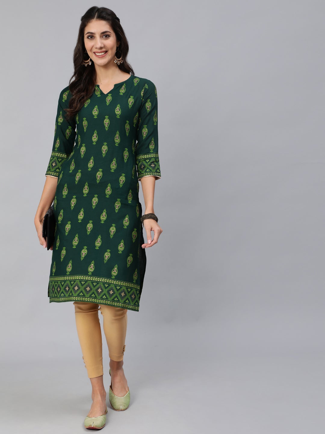 Women Green & Gold Printed Straight Kurta With Three Quarter sleeves | NOZ2TOZ - Made In INDIA.