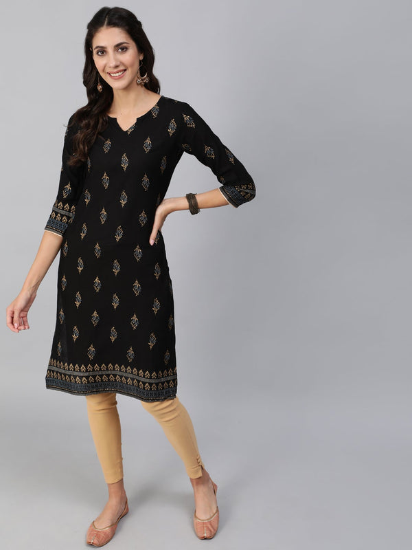 Women Black & Gold Printed Straight Kurta With Three Quarter Sleeves | NOZ2TOZ - Made In INDIA.