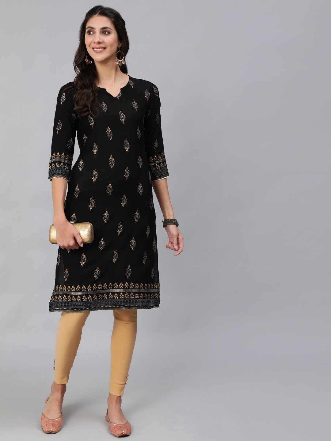 Women Black & Gold Printed Straight Kurta With Three Quarter Sleeves | NOZ2TOZ - Made In INDIA.