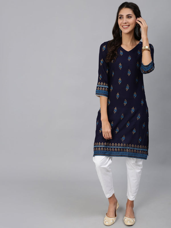 Women Navy Blue & Gold Printed Straight Kurta With Three Quarter sleeves | NOZ2TOZ - Made In INDIA.