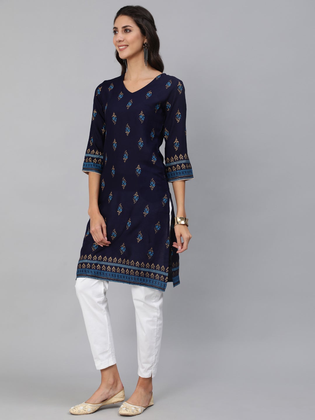 Women Navy Blue & Gold Printed Straight Kurta With Three Quarter sleeves | NOZ2TOZ - Made In INDIA.