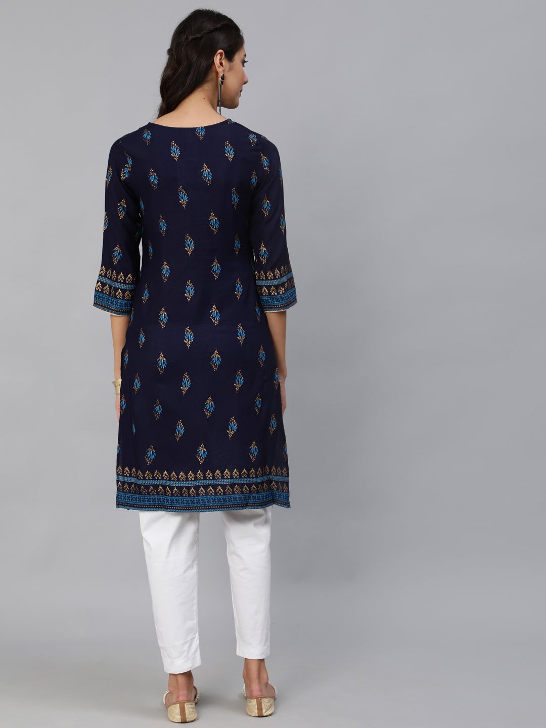 Women Navy Blue & Gold Printed Straight Kurta With Three Quarter sleeves | NOZ2TOZ - Made In INDIA.