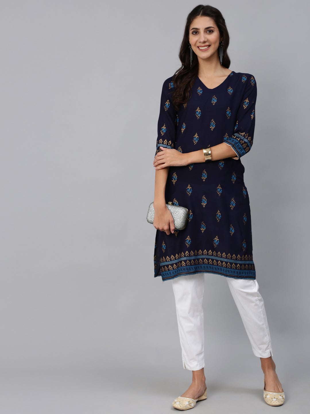 Women Navy Blue & Gold Printed Straight Kurta With Three Quarter sleeves | NOZ2TOZ - Made In INDIA.