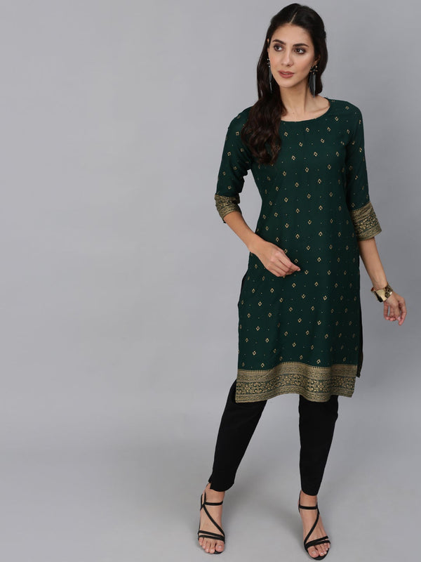 Women Green & Gold Printed Straight Kurta With Three Quarter sleeves | NOZ2TOZ - Made In INDIA.