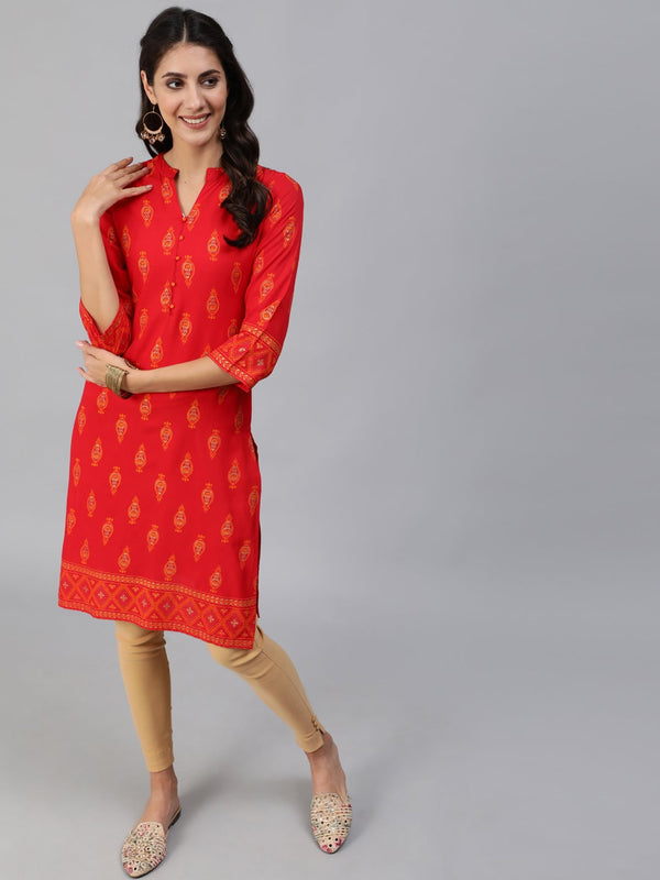 Women Red & Gold Toned Ethnic Motifs Printed Straight Kurta | NOZ2TOZ - Made In INDIA.