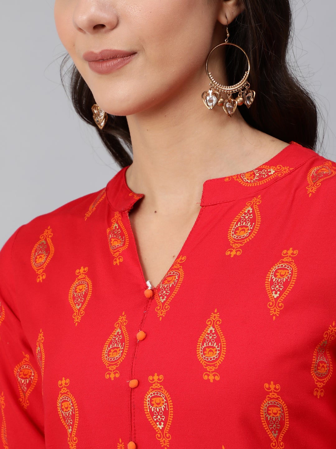 Women Red & Gold Toned Ethnic Motifs Printed Straight Kurta | NOZ2TOZ - Made In INDIA.