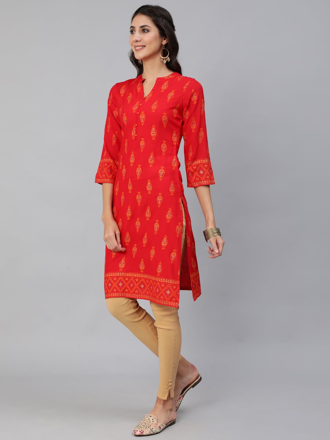 Women Red & Gold Toned Ethnic Motifs Printed Straight Kurta | NOZ2TOZ - Made In INDIA.