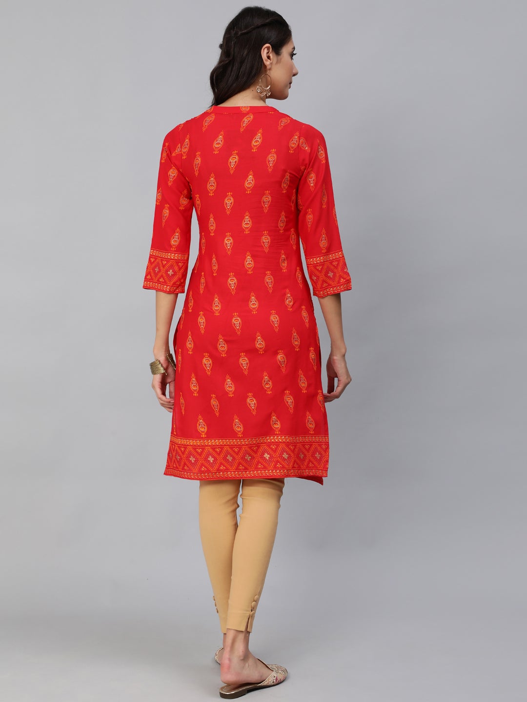 Women Red & Gold Toned Ethnic Motifs Printed Straight Kurta | NOZ2TOZ - Made In INDIA.