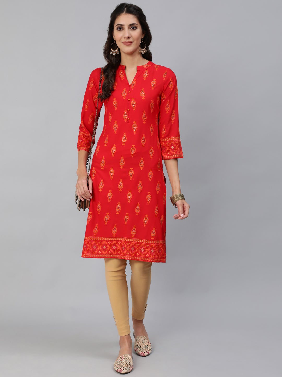 Women Red & Gold Toned Ethnic Motifs Printed Straight Kurta | NOZ2TOZ - Made In INDIA.