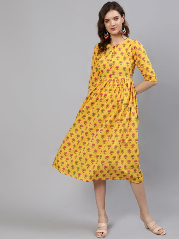 Women Yellow And Pink Ethnic Printed Midi Dress | NOZ2TOZ - Made In INDIA.