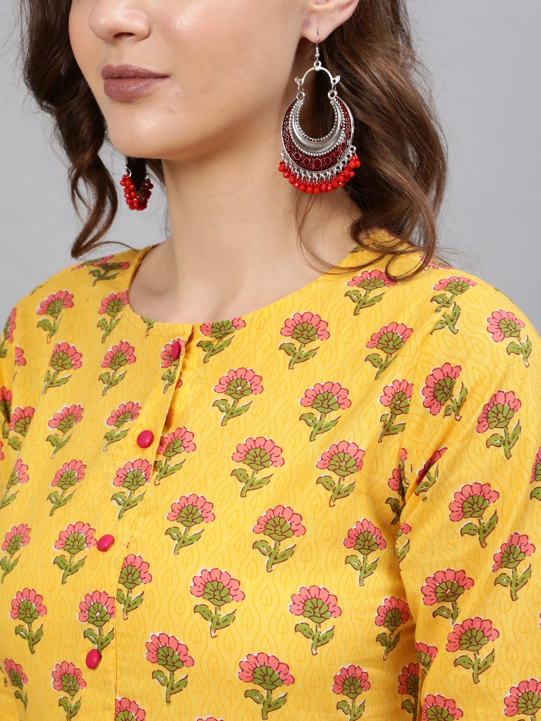 Women Yellow And Pink Ethnic Printed Midi Dress | NOZ2TOZ - Made In INDIA.