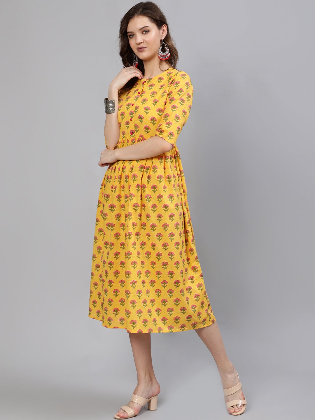 Women Yellow And Pink Ethnic Printed Midi Dress | NOZ2TOZ - Made In INDIA.