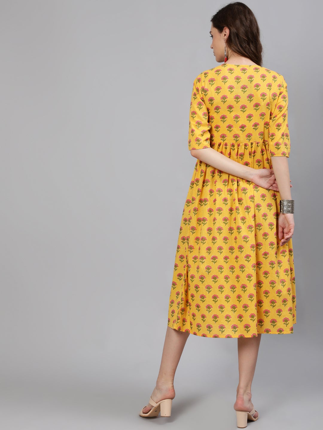 Women Yellow And Pink Ethnic Printed Midi Dress | NOZ2TOZ - Made In INDIA.